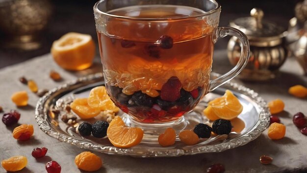 verre à thé avec des fruits secs et des perles sur toile