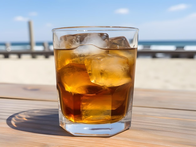 Verre de thé glacé avec des glaçons sur une table en bois à la plage