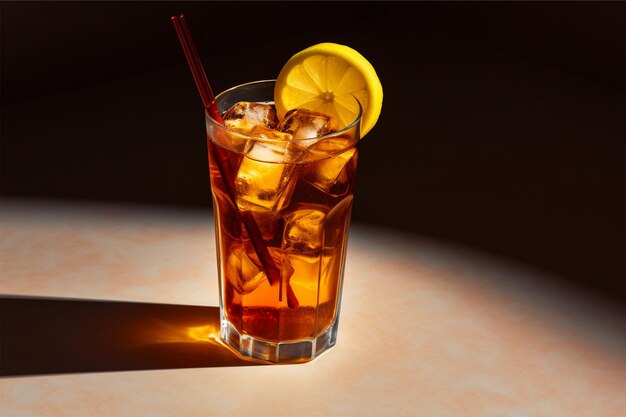 un verre de thé glacé avec une paille jaune dedans