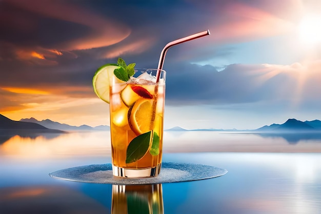 Un verre de thé glacé avec une paille et une paille sur fond de coucher de soleil.