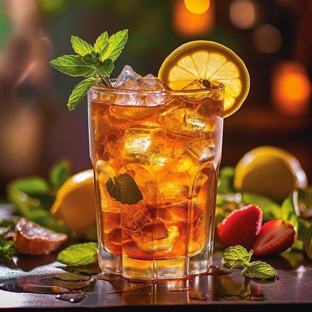 un verre de thé glacé avec une paille et une paille.