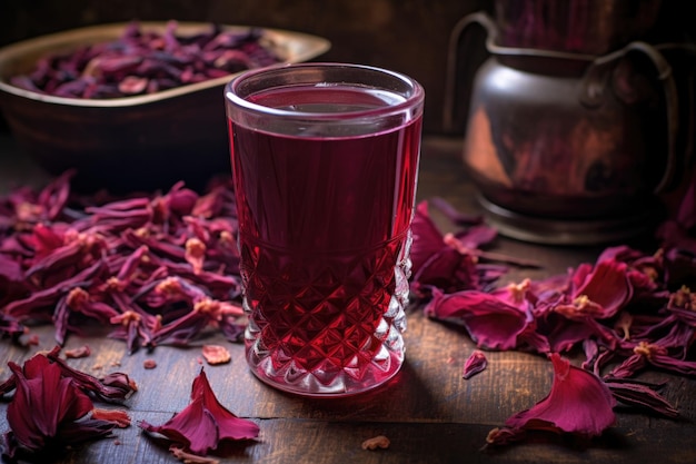 Un verre de thé à l'hibiscus avec des pétales d'hibiscus secs éparpillés autour