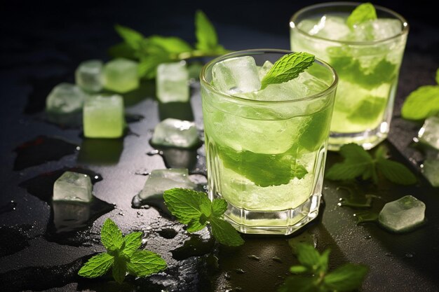 Un verre de thé matcha avec des cubes de glace.