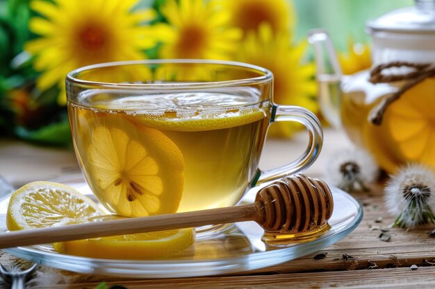 Un verre de thé de pissenlit avec du miel et du citron apaisant et médical fond en bois chaud