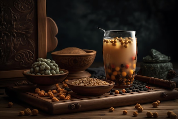 Un verre de thé avec une tasse de thé et un bol d'épices