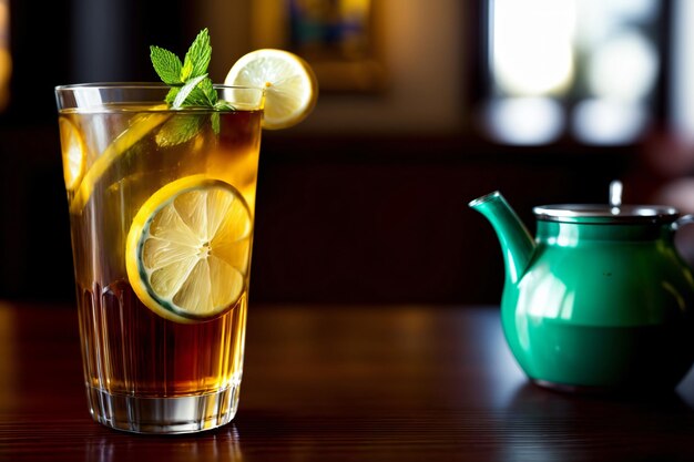 Un verre de thé et une théière sur une table