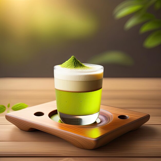 Verre de thé vert matcha japonais chaud avec mousse de lait latte art sur un vieux plateau en bois motif flou