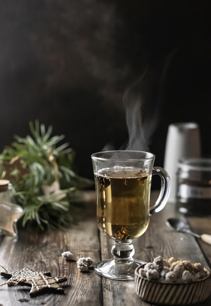 Un verre de thé vert avec de la vapeur et une décoration de Noël sur une table en bois Moody sombre Heure d'hiver Espace texte