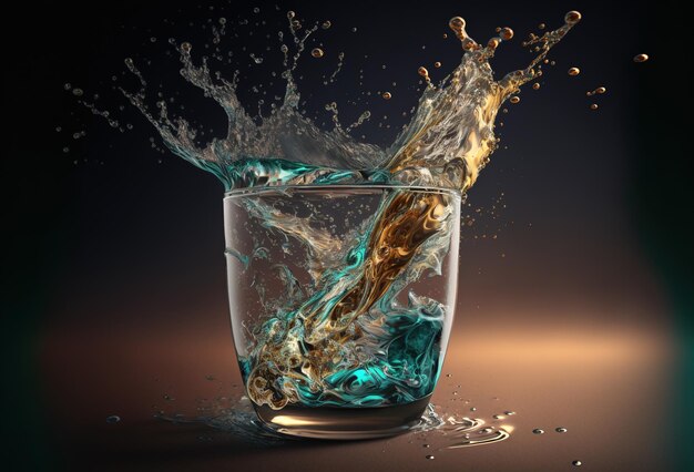 Un verre avec une touche de liquide transparent coloré Une explosion de gouttelettes d'eau sur un fond dégradé abstrait Rendu 3D généré par l'IA