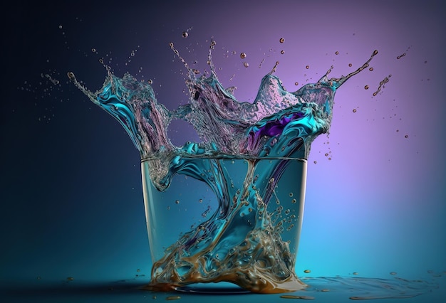 Un verre avec une touche de liquide transparent coloré Une explosion de gouttelettes d'eau sur un fond dégradé abstrait Rendu 3D généré par l'IA