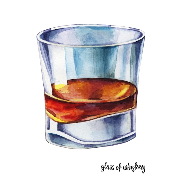 Verre transparent avec du whisky isolé sur fond blanc peint en aquarelle