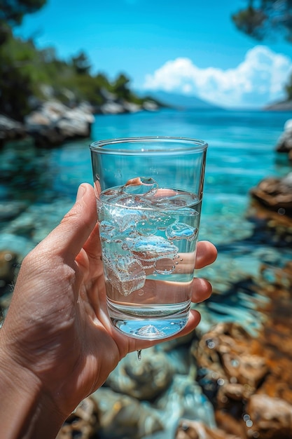 Un verre transparent avec de l'eau de montagne à boire à la main sur le fond d'une rivière de montagne Le concept d'eau minérale potable