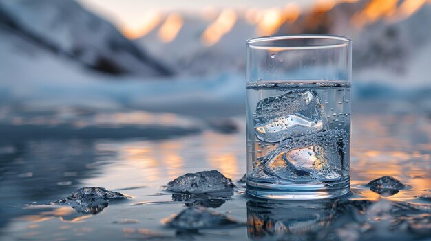 Un verre transparent avec de l'eau de montagne potable sur le fond de montagnes enneigées Le concept de l' eau minérale potable