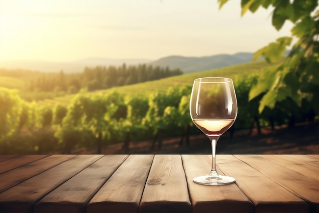 Un verre de vin à l'arrière-plan flou sur une table en bois vide