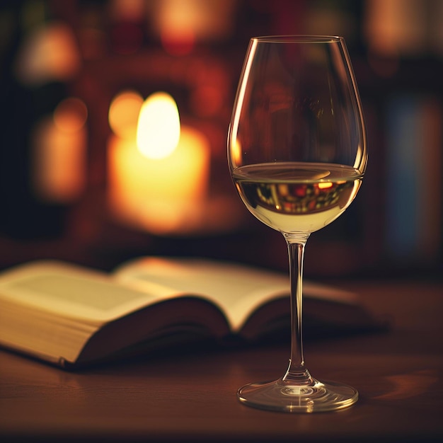 un verre de vin assis à côté d'un livre ouvert