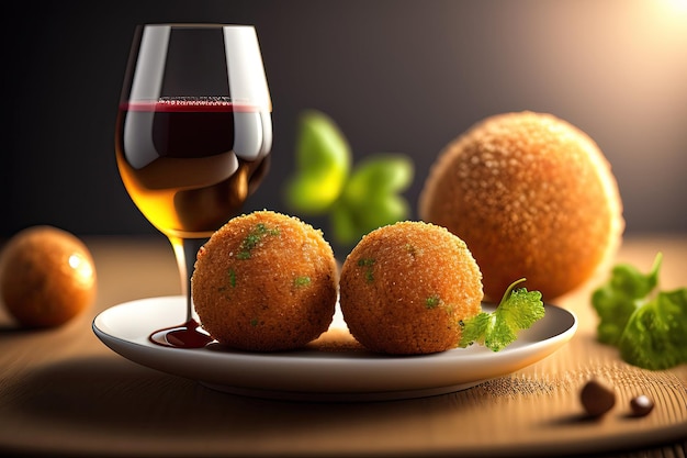 Un verre de vin blanc et d'arancini italiens sur une planche à découper