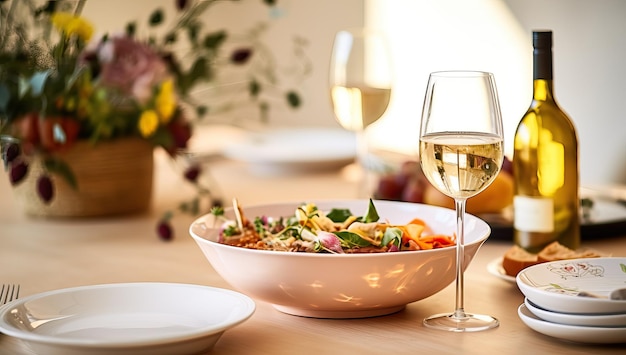 Verre de vin blanc et assiette avec apéritifs sur table à la maison