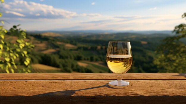 Un verre de vin blanc sur un baril à la campagne