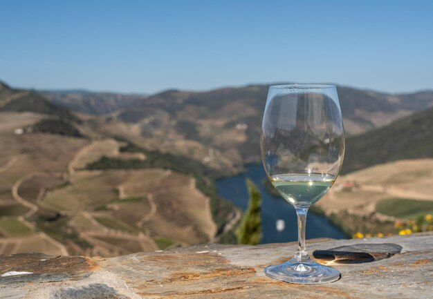 Verre de vin blanc à déguster au dessus des coteaux de la vallée du Douro au Portugal