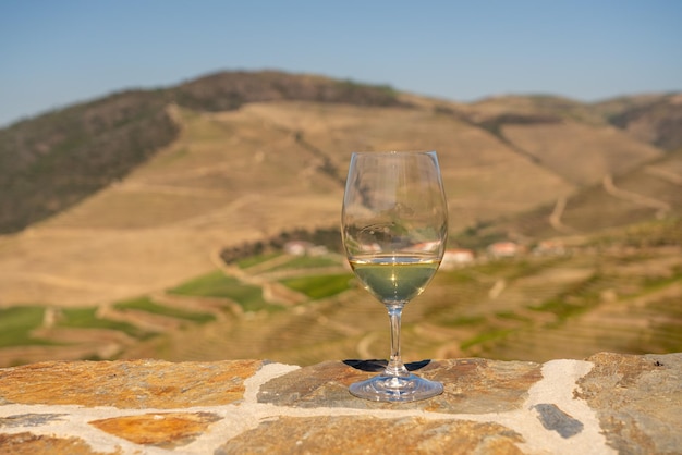 Verre de vin blanc à déguster au dessus des coteaux de la vallée du Douro au Portugal