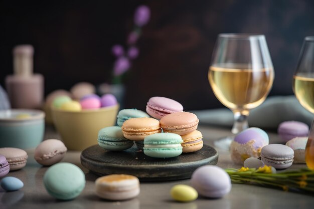 Un verre de vin blanc est posé à côté d'une pile de macarons.