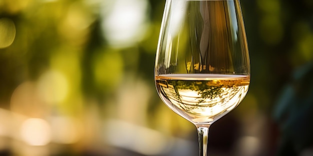 Un verre de vin blanc avec une vue sur le vignoble