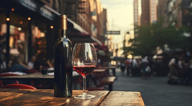 Un verre de vin et une bouteille de vin génératifs sur une table en bois avec un fond flou avec les lumières d'un bar de rue, d'un café, d'un café ou d'un restaurant.