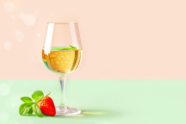 verre de vin de champagne et de fraise sur fond rose et menthe avec espace de copie