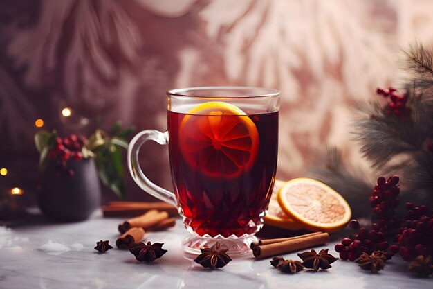 Un verre de vin chaud sur fond d'hiver confortable avec une branche de sapin et des nuances dures Concept de boissons réchauffantes Verre de cocktail de vin rouge chaud avec des épices tranche d'orange cannelle et étoiles d'anis