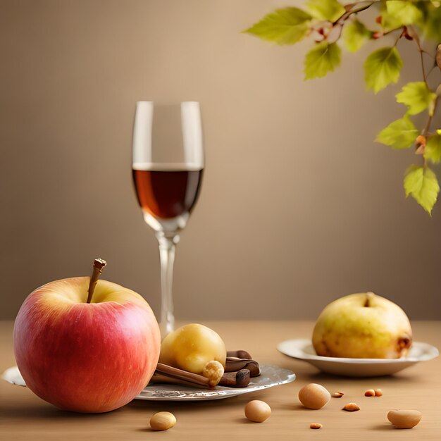 un verre de vin à côté d'une assiette de pommes et un verre de vins