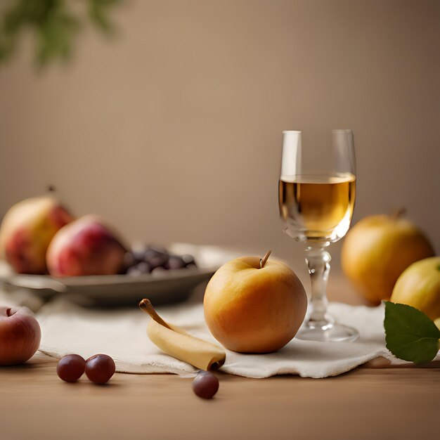 un verre de vin à côté d'une poire et d'un verre de vin