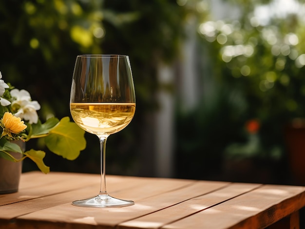 Un verre de vin dans un jardin serein où se trouve la génération d'IA