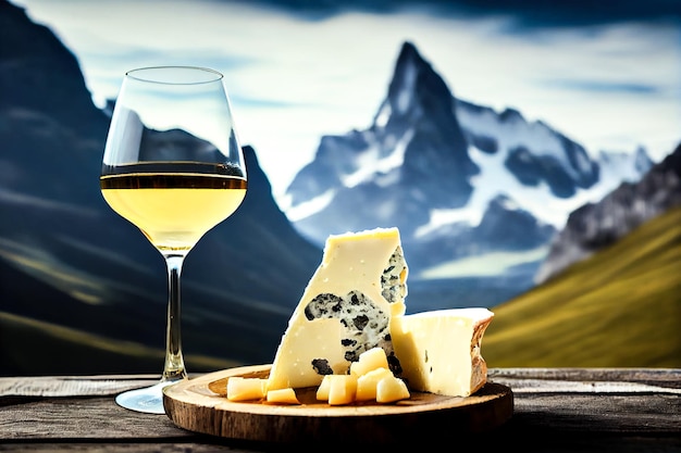 Verre de vin avec du fromage sur le fond des Alpes Generative AI Generative AI