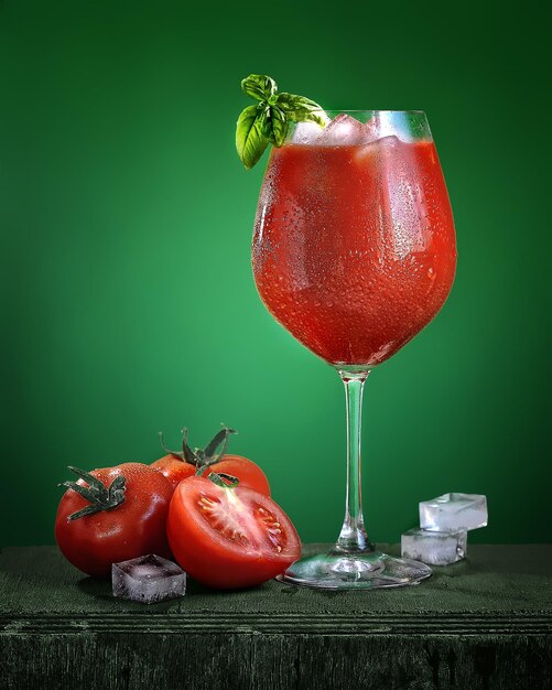 verre à vin avec du jus de tomate sur fond vert