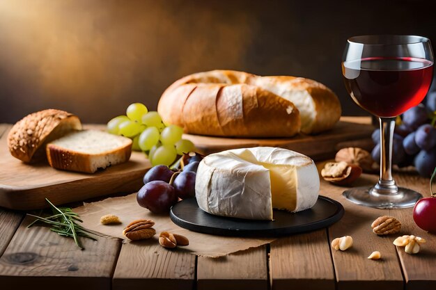 Photo un verre de vin et du pain sur une table avec des raisins et des raisins.