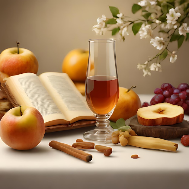 un verre de vin est assis à côté d'un livre ouvert avec un bouquet de pommes et un livre sur la table