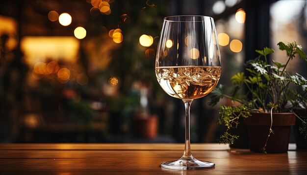 Photo un verre de vin est assis sur une table avec une plante en arrière-plan