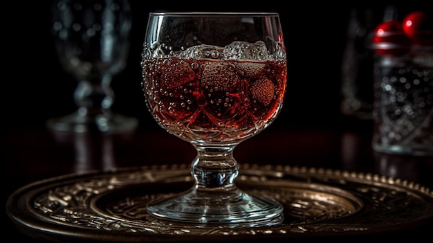 Un verre de vin est posé sur un plateau à fond sombre.