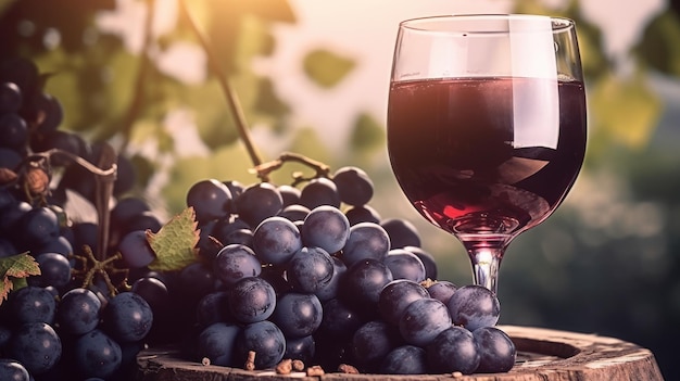 Un verre de vin est posé sur une table à côté d'une grappe de raisin.