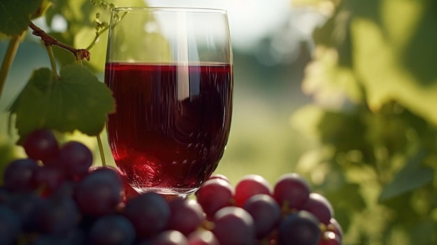 Un verre de vin est posé sur une table à côté d'une grappe de raisin.