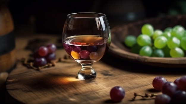 Un verre de vin est posé sur une table avec des raisins en arrière-plan.