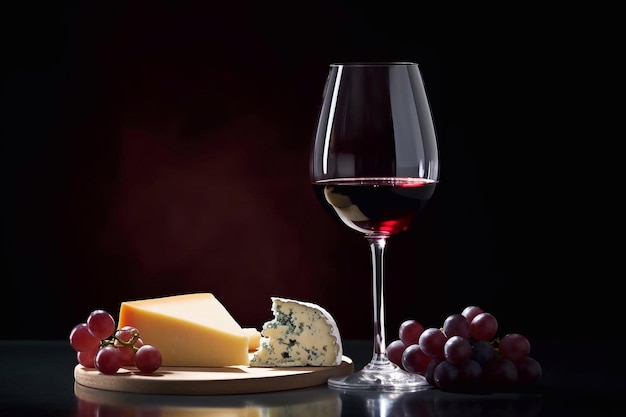 Un verre de vin et de fromage avec des raisins sur une assiette.
