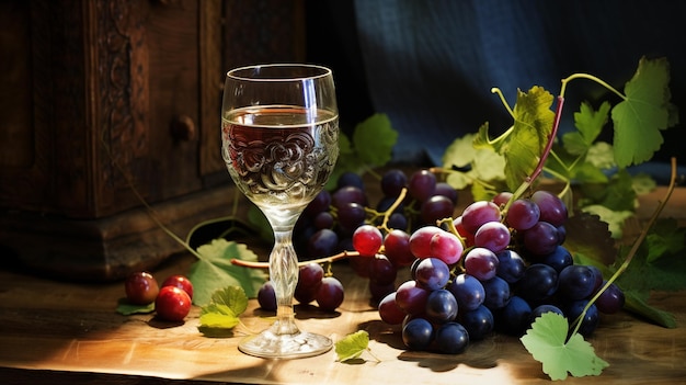 Verre de vin et grappe de raisins mûrs sur la table générative ai