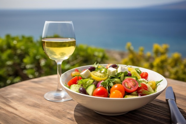 Un verre de vin grec rafraîchissant accompagné d'une assiette de salade grecque