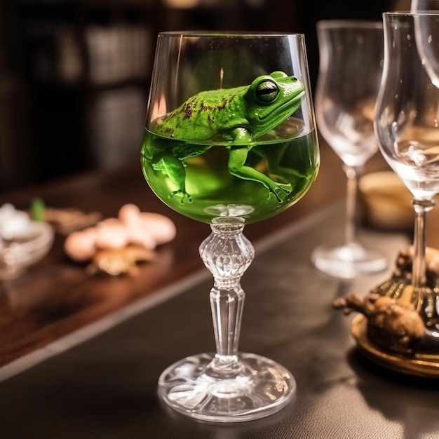 Un verre de vin avec une grenouille assise dedans.