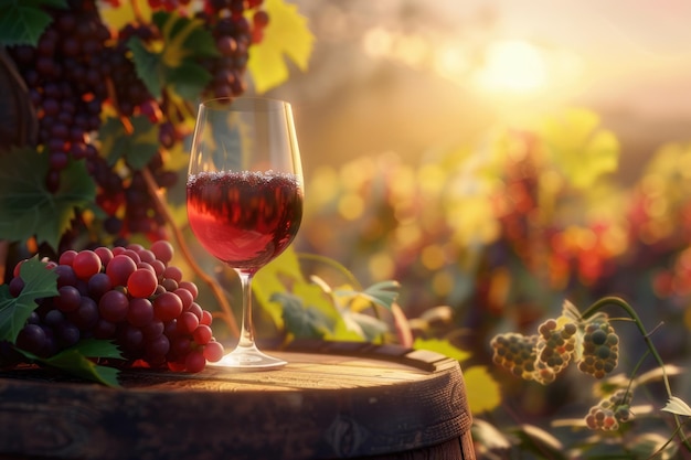 Un verre de vin avec des raisins et un baril sur un fond ensoleillé Italie Région de la Toscane