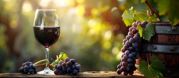 Un verre de vin avec des raisins et un baril sur un fond ensoleillé