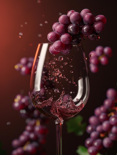 Un verre de vin avec des raisins en lévitation au-dessus de la 3D commerciale