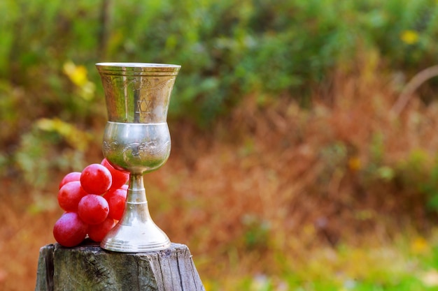 Verre de vin et de raisins pendant les fêtes juives jaunes