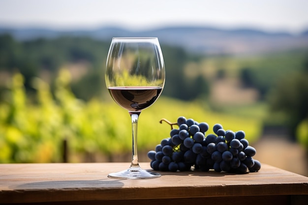 Un verre de vin avec des raisins et un vignoble en arrière-plan